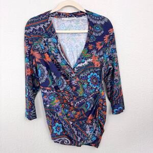 Peruvian Connection Womens Surplice Top Size L Floral Pima Cotton Stretch Purple